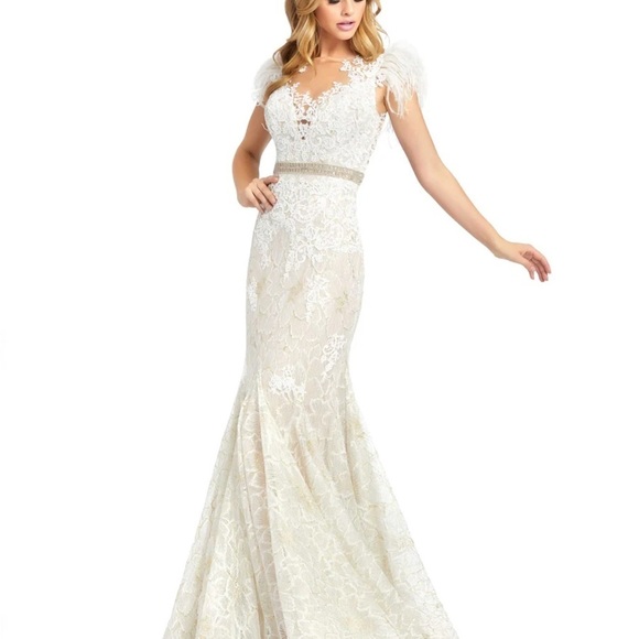 (32) ❤️ BNWT MAC DUGGAL EMBELLISHED FEATHER ILLUSION NECK TRUMPET GOWN 79230 - Picture 4 of 13